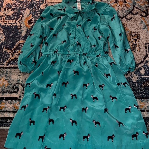 Teal collared shirt style chiffon dress adorned with Boston Terrier dogs. - Picture 1 of 2
